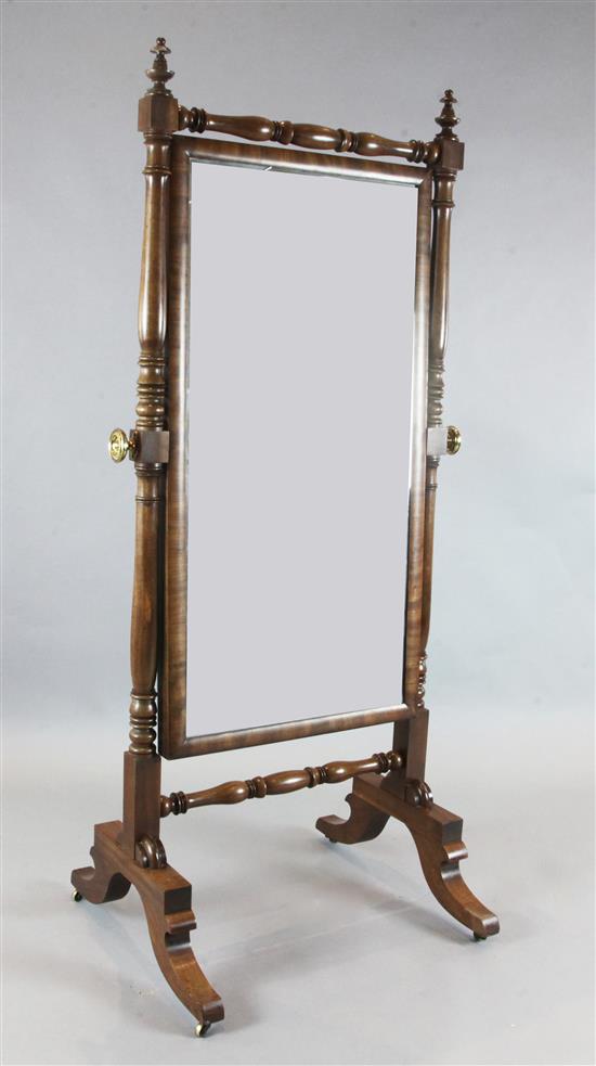 A Regency mahogany cheval mirror, W.2ft 7in. H.5ft 8in.